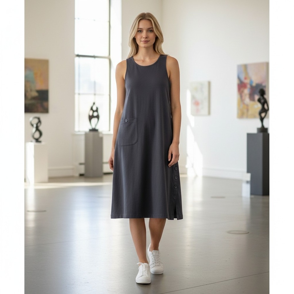 Talbots Petites Black Shift Dress M Knee Length Side Buttons‎ capsule minimalist